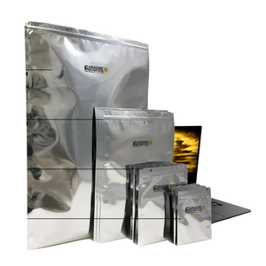 A photo showing the various inclusions of the Faraday Defense 20pc Large EMP Bags Kit