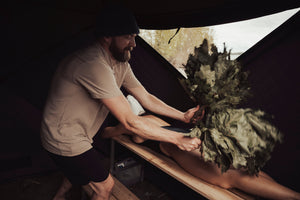 North Shore Sauna Eucalyptus Venik Whisk used inside sauna tent