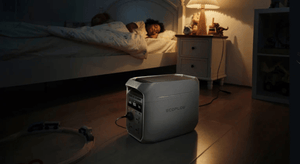 EcoFlow DELTA 3 Plus Portable Power Station charging beside a bed