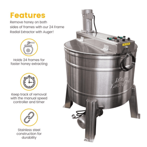 HH813 24 Frame Radial Mann Lake Honey Extractor with Auger features