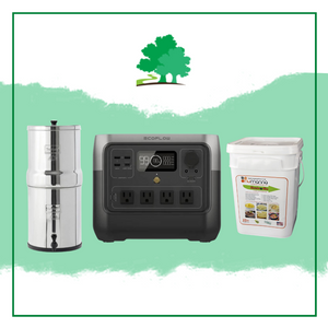 A photo showing a Berkey, EcoFlow River Generator and NuManna Food Storage Bucket