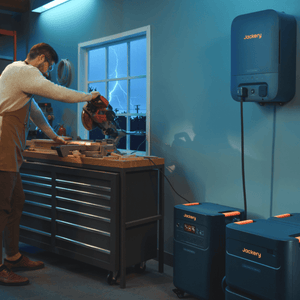 Jackery Smart Transfer Switch attached to E5000 Plus and battery packs during storm