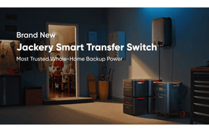 Jackery Smart Transfer Switch with E5000 Plus and battery packs in garage