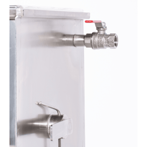 Milky Day Electric Butter Churn FJ32 with wheels and tilting mechanism drain valve closeup