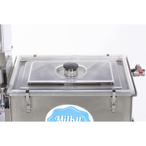 Milky Day Electric Butter Churn FJ32 with wheels and tilting mechanism lid closeup