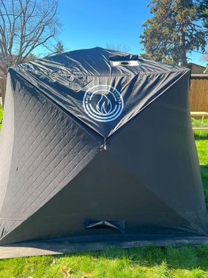 Picture of North Shore Sauna Tent Rain Cover set up in backyard