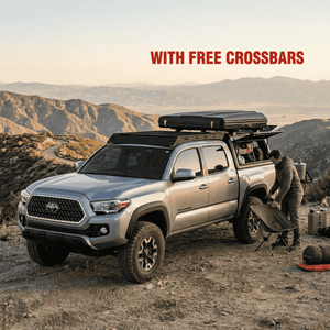 Overland Vehicle Systems Expedition Truck Cap with Full Wing Doors for 2016 to 2023 Toyota Tacoma being set up