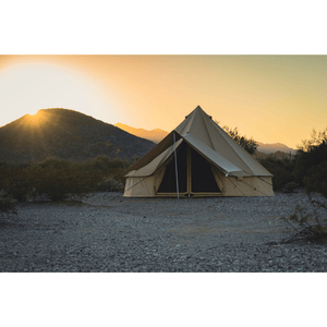 White Duck Outdoors Bell Tent Awning Sandstone Beige Opened outside