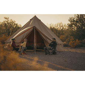 White Duck Outdoors Bell Tent Awning Sandstone Beige set outside with a family enjoying