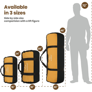 White Duck Outdoors Filios Canvas Duffel Bag size diagram next to 72 inch man