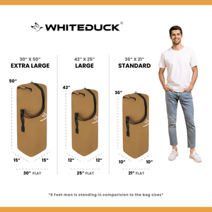 White Duck Outdoors Hoplite Canvas Top Load Bag size comparisons vs 6ft man