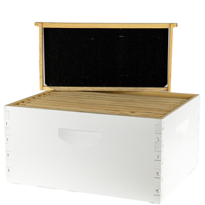Front view of Mann Lake Assembled Deep Hive Kit with Plastic Wax Coated Foundation Assembled Frames