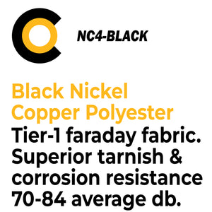 Picture of CYBER Faraday Fabric EMF RF Shielding Black Fabric Roll 50″ x 1′ that says Black Nickel Copper Polyester Tier-1 faraday Fabric, Superior tarnish & corrosion resistance, 70-84 average db.