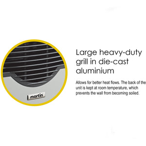 Picture Martin - Propane Direct Vent Thermostatic Heater 11,000 Btu MDV12P Large heavy-duty grill in die-cast aluminum that says it allows for better heat flows and the back of the unit is kept at room temperature, which prevents the wall from becoming soiled.