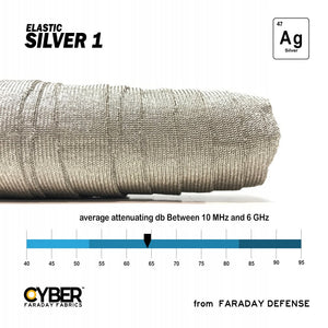 CYBER Faraday Fabric EMF RF Shielding Silver Elastic Fabric 62″ x 1′ - Faraday Defense
