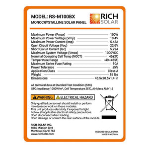 Photo of Rich Solar Model: RS-M100BX Monocrystalline Solar Panel Technical data.