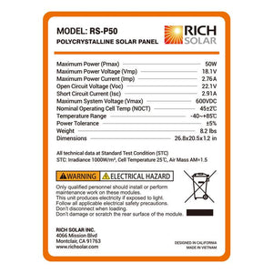 Rich Solar - 50 Watt 12V Poly Solar Panel