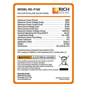 Rich Solar - 160 Watt 12V Poly Solar Panel