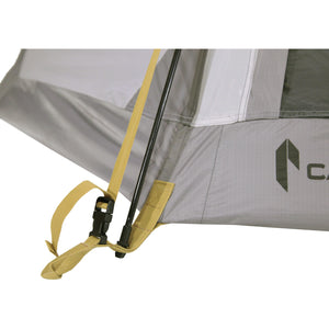Photo of the pole and tough nylon webbing for y attachment on the Catoma Raven tent in a white background.