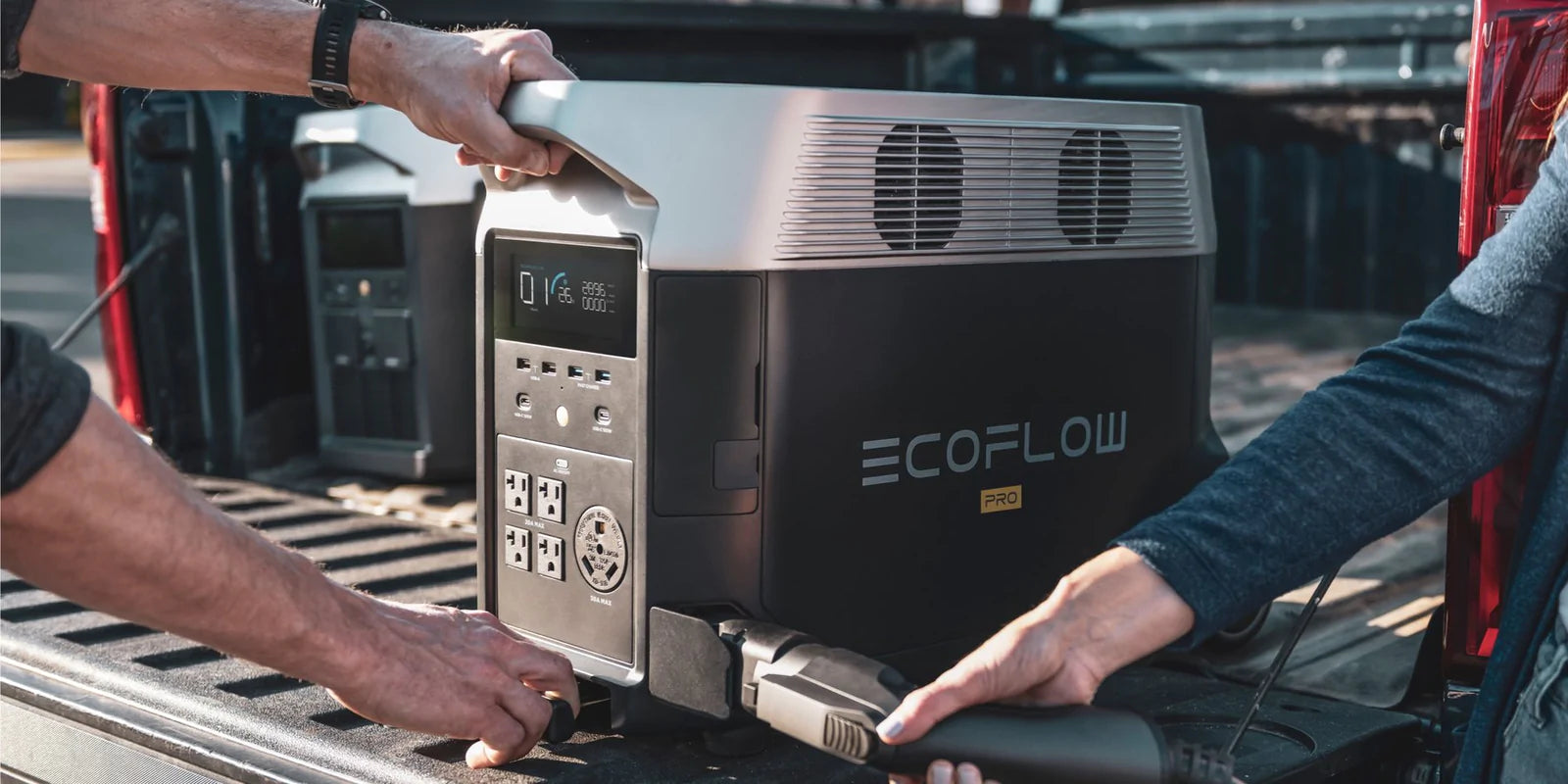 EcoFlow generator charging on truck bed