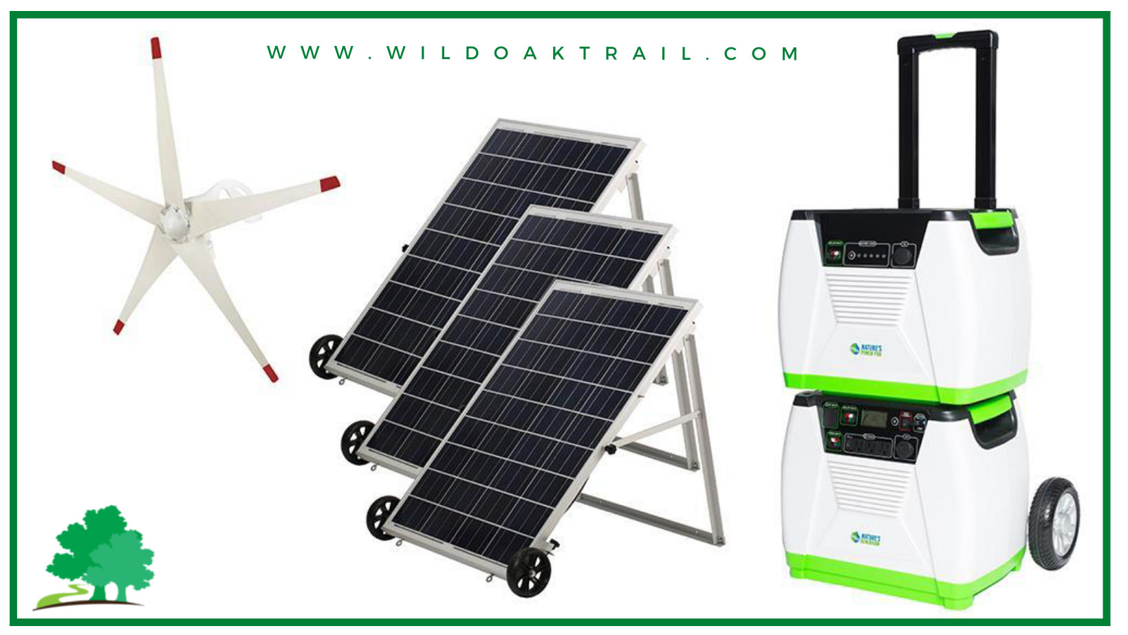 Two Nature's Generators on wheel carts with three solar panels and one wind turbine