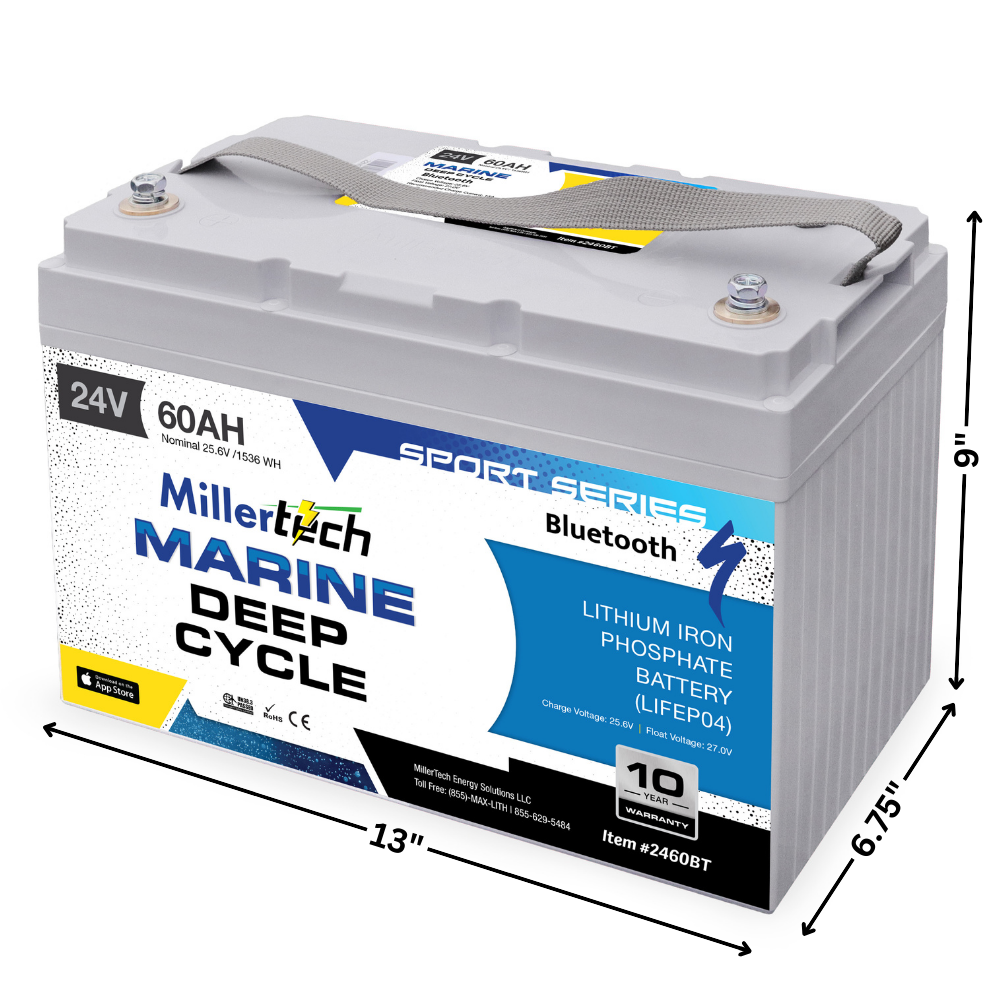 MillerTech 24V 60AH Sport Series Lithium Battery with Bluetooth (2460-BT) Measurements