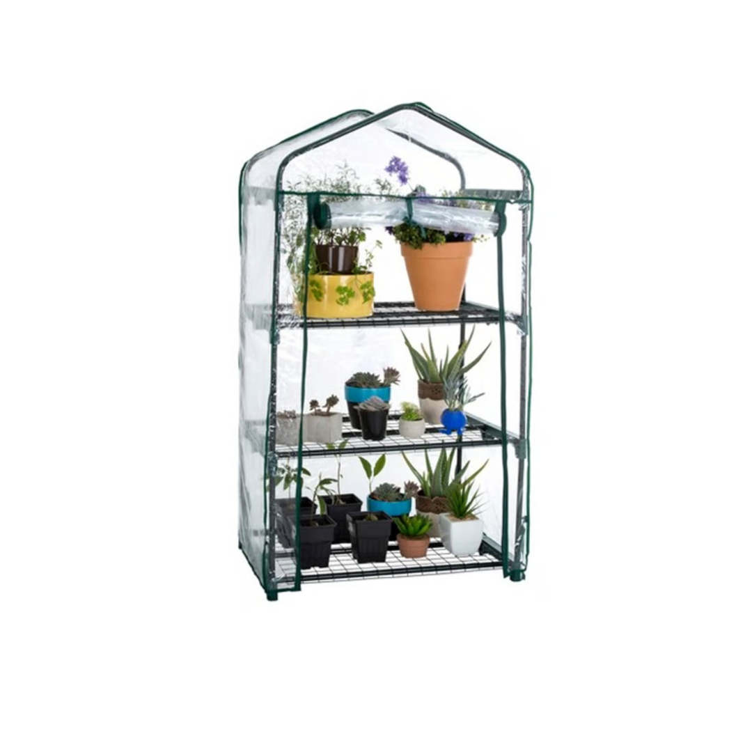 3 Tier Portable Rolling Greenhouse with Clear Cover and plants inside