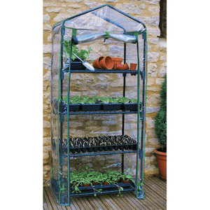 4 Tier Portable Rolling Greenhouse with Clear Cover and plants inside