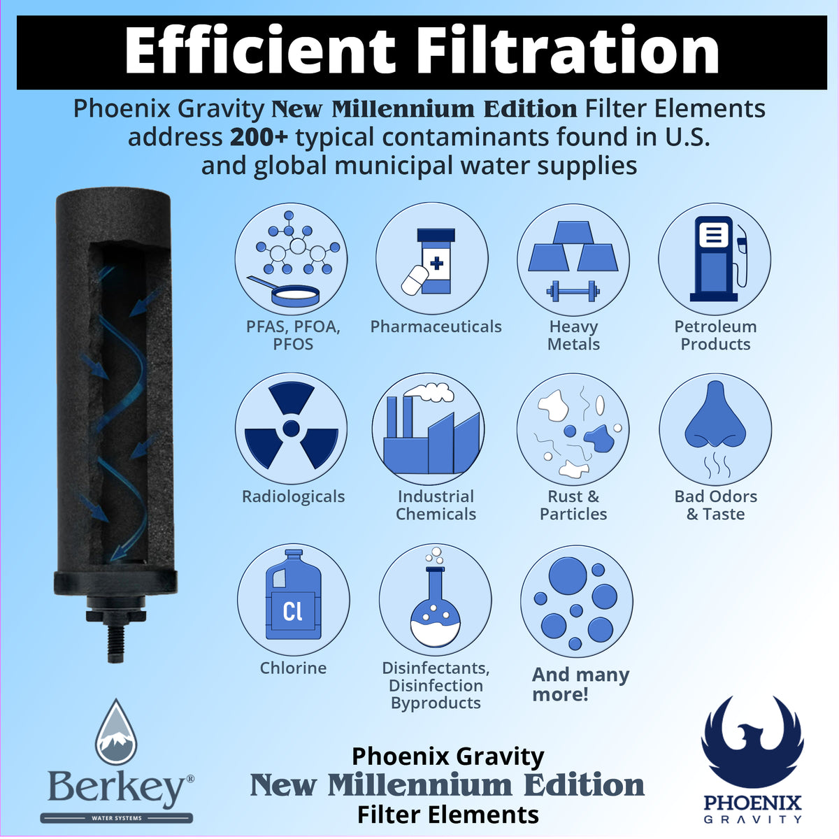 Phoenix Gravity New Millennium Edition™ Filter Elements address 200+ typical contaminants found in municipal water supplies
