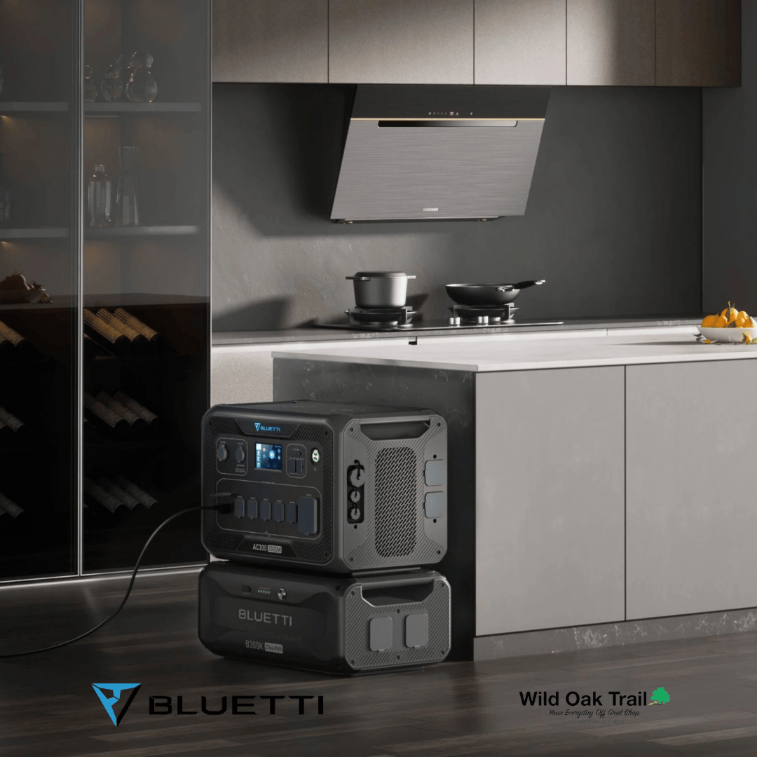Bluetti AC300 with B300K Battery beside kitchen counter