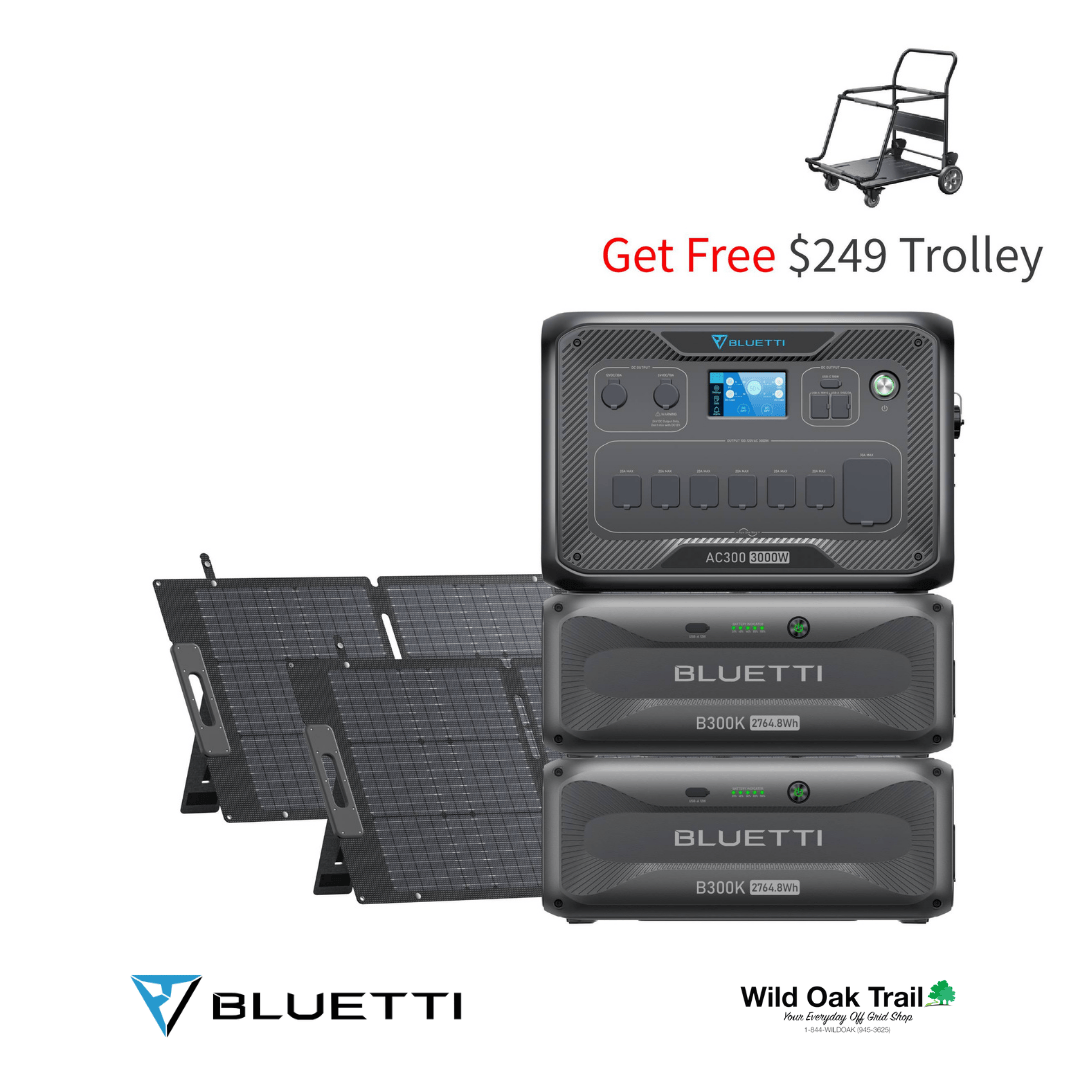 Bluetti AC300 with two B300K Batteries and two 200W solar panels