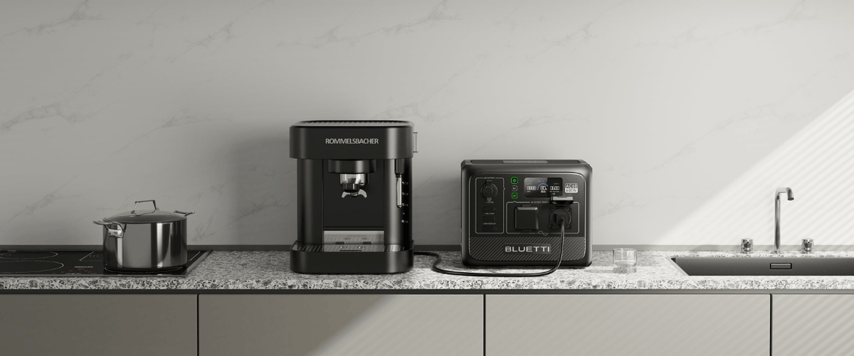 Bluetti AC60 powering coffee machine