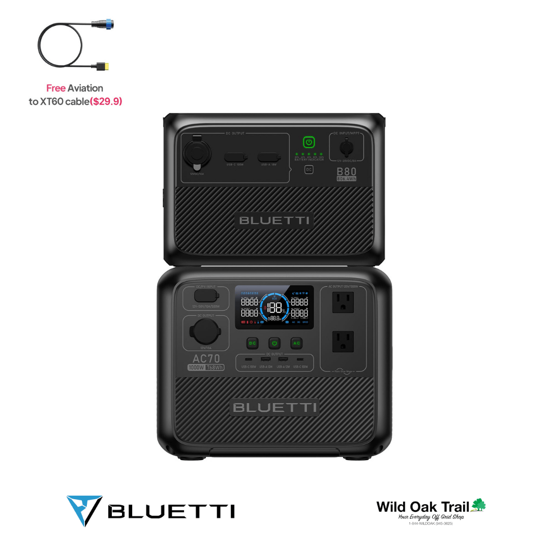 Bluetti AC70 with B80 battery and aviation to XT60 cable