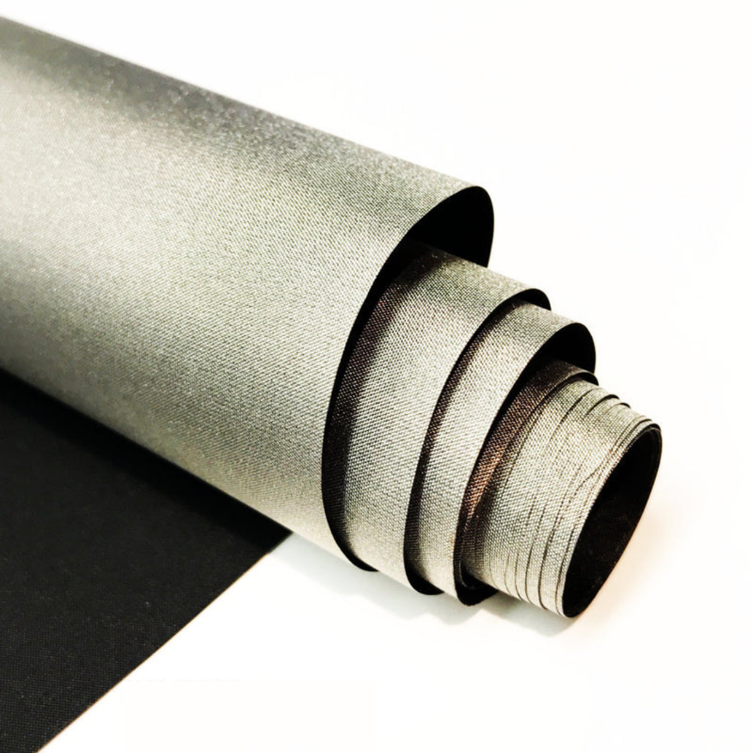 Picture of  CYBER Faraday Fabric EMF RF Shielding Black Fabric Roll 50″ x 1′ with NC4-black on the lower left.