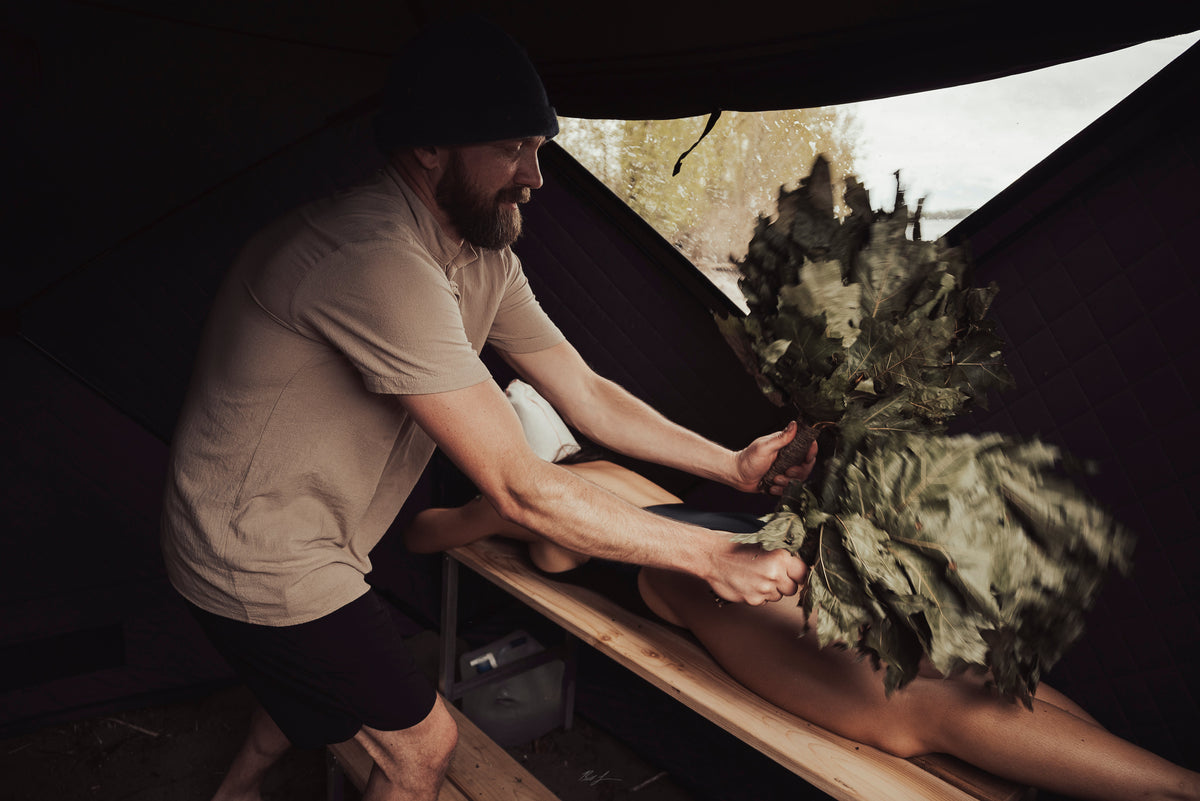 Picture of Oak Venik Whisk being used during Sauna Session