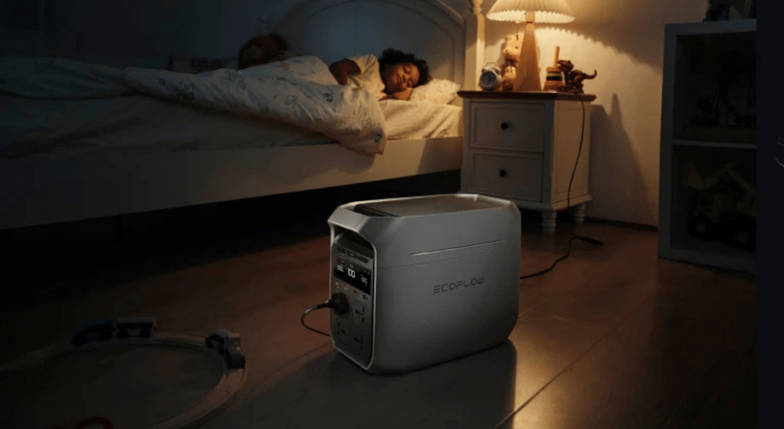 EcoFlow DELTA 3 Plus Portable Power Station charging beside a bed