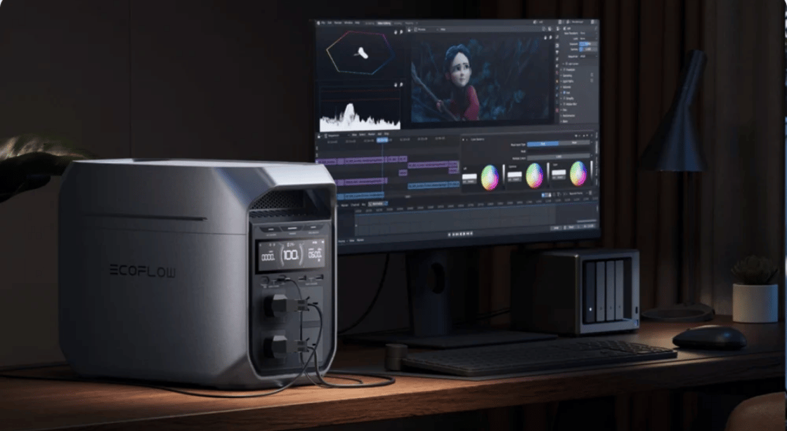 EcoFlow DELTA 3 Plus Portable Power Station powering a pc while video editing
