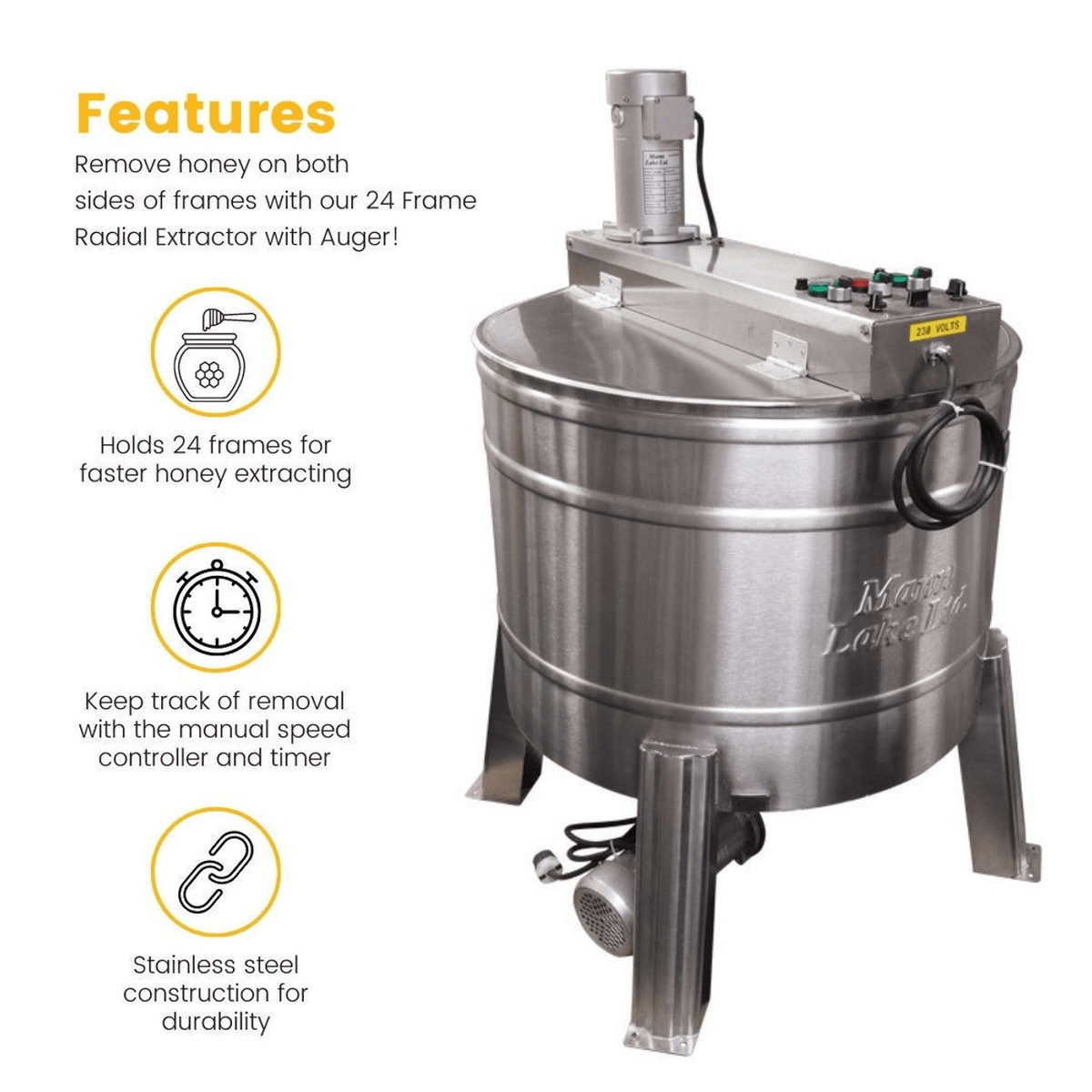 HH813 24 Frame Radial Mann Lake Honey Extractor with Auger features