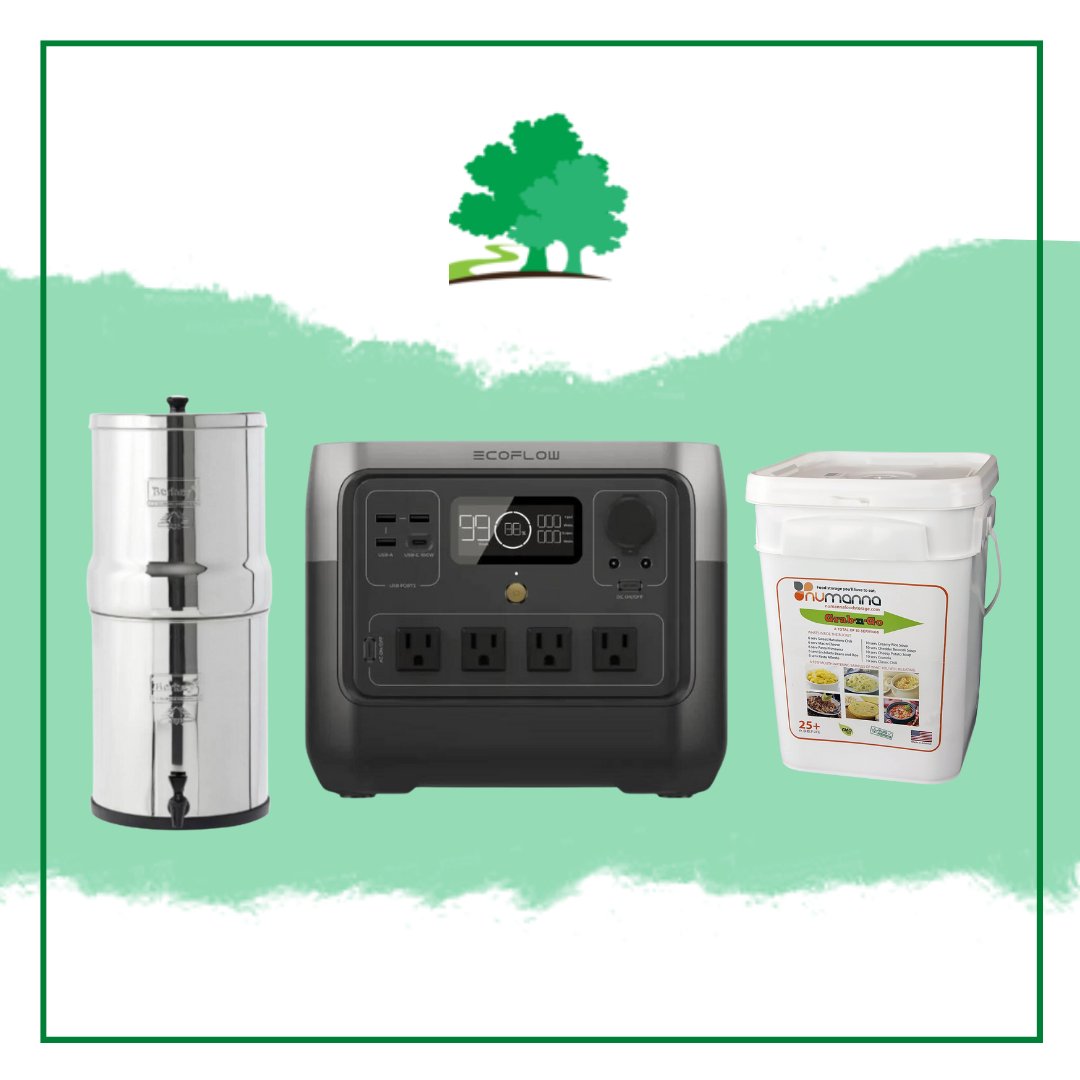 A photo showing a Berkey, EcoFlow River Generator and NuManna Food Storage Bucket