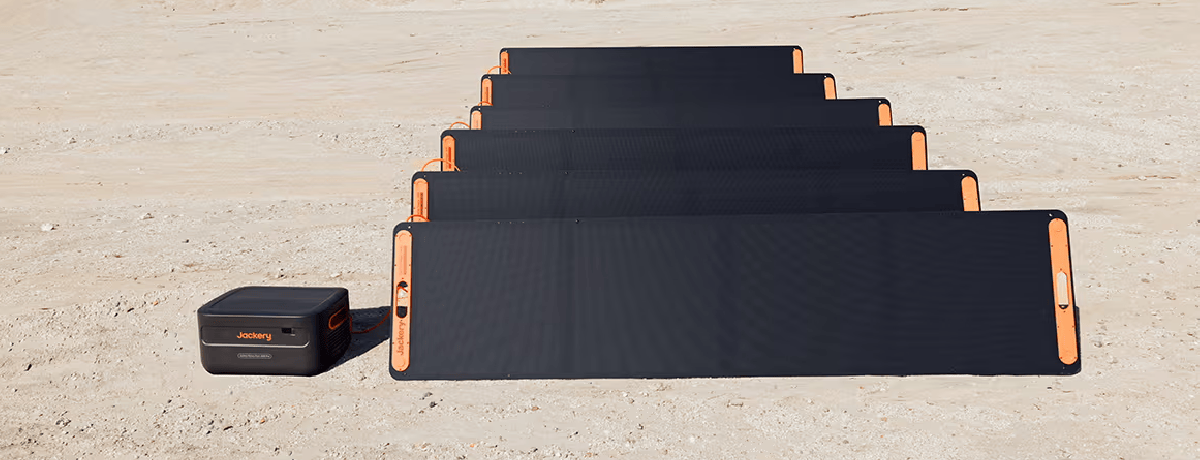 Jackery Battery Pack 2000 Plus with six 500w solar panels in desert