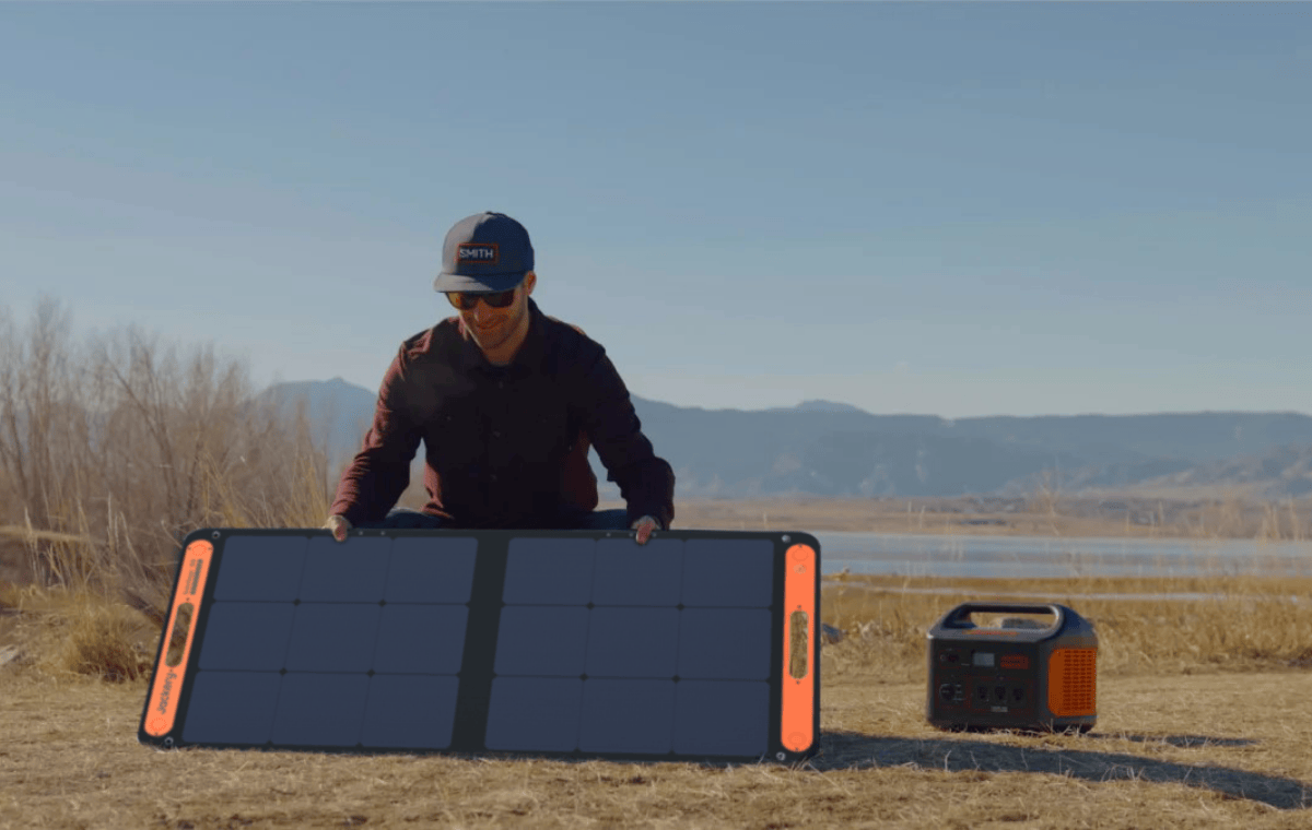 Jackery SolarSaga 100W Solar Panel being set up outside
