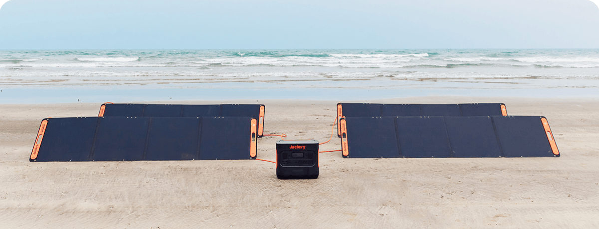 Jackery SolarSaga 200W Solar Panel lined up on beach