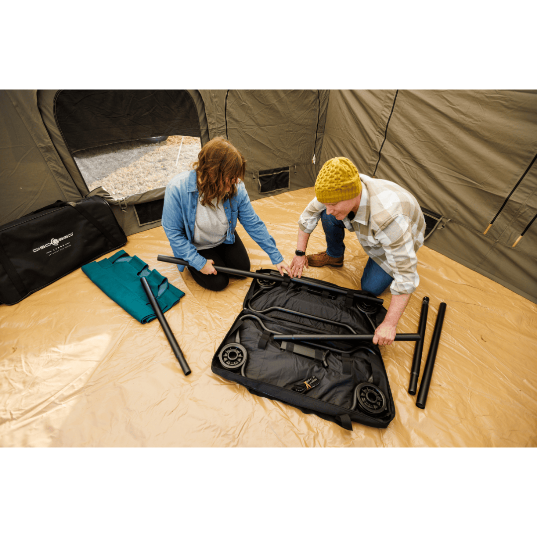 Large Disc-O-Bed Portable Cot System being set up