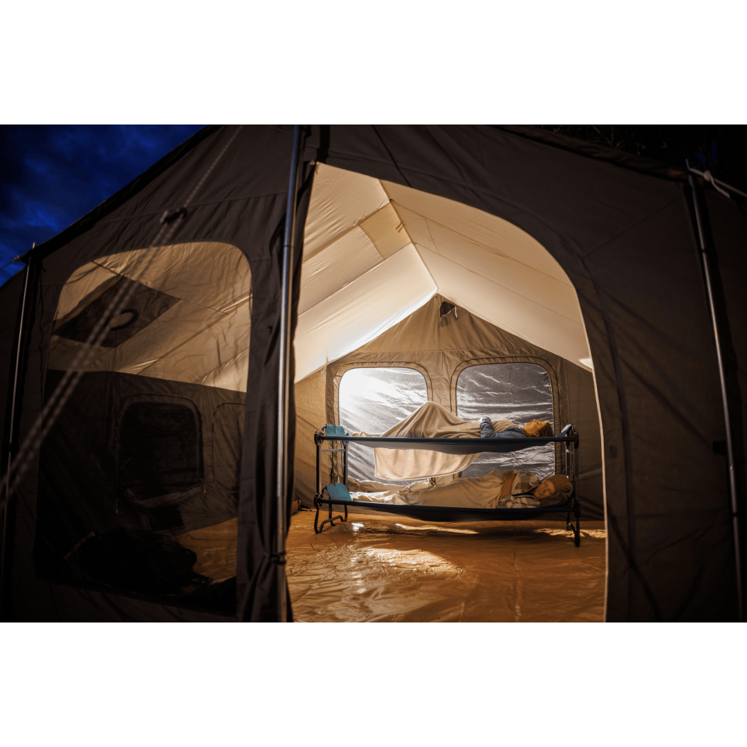 Large Disc-O-Bed Portable Cot System with two people sleeping