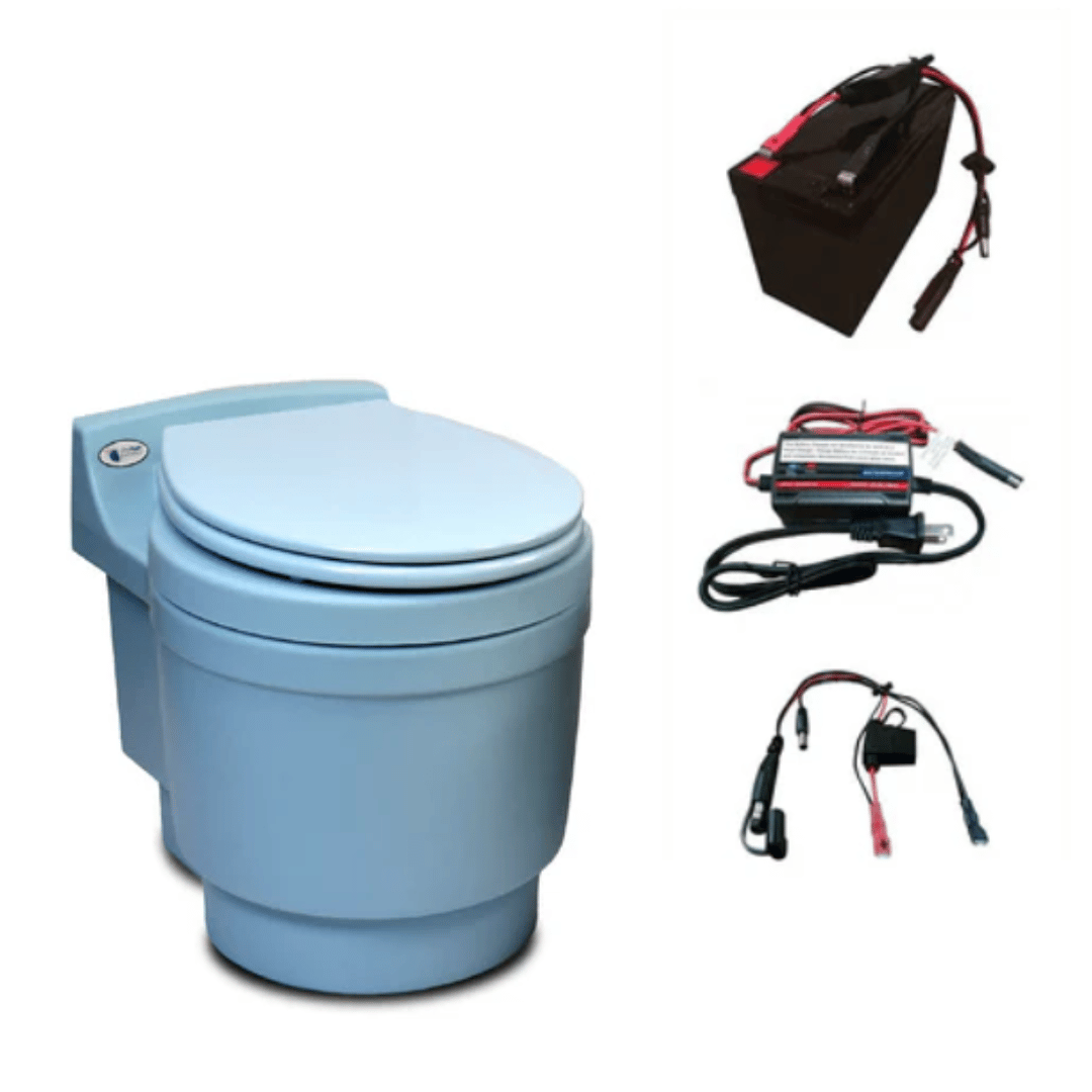 Picture of Laveo Dry Flush Portable Toilet with battery and charger Power Option - Retro Blue