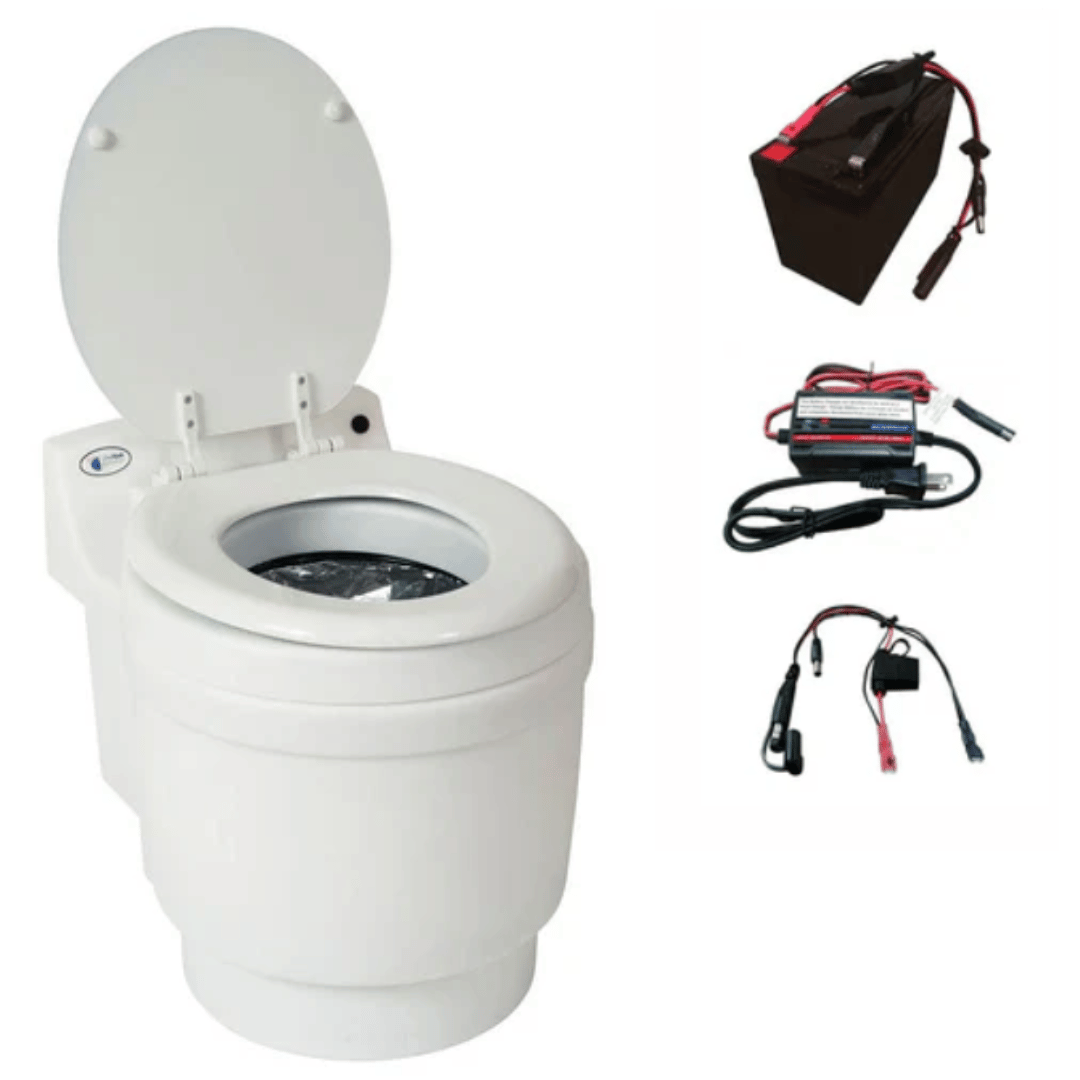 Picture of Laveo Dry Flush Portable Toilet with battery and charger Power Option - White