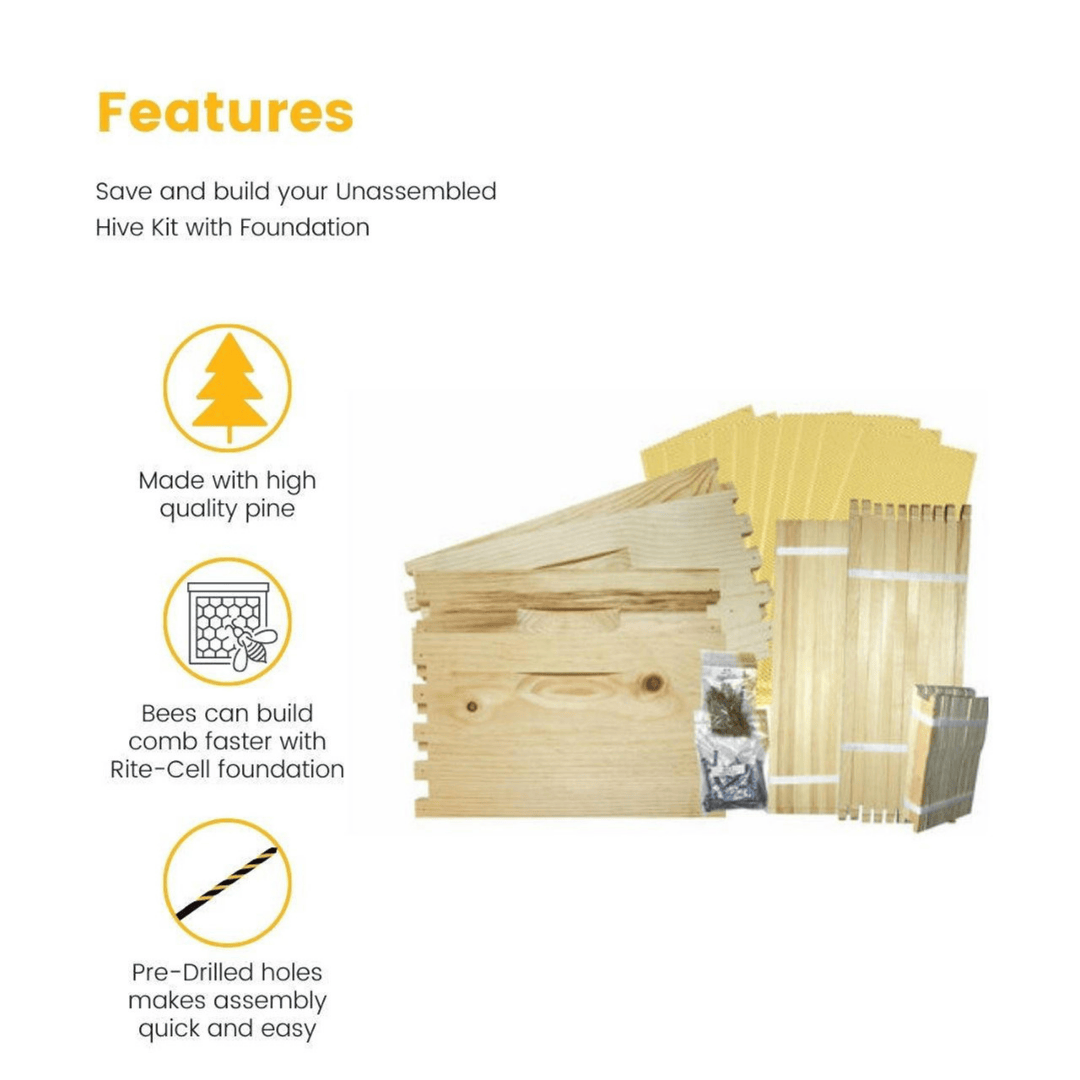 Mann Lake KD101 10 Frame 9 5/8&quot; Unassembled Beehive Kit with Foundation Features