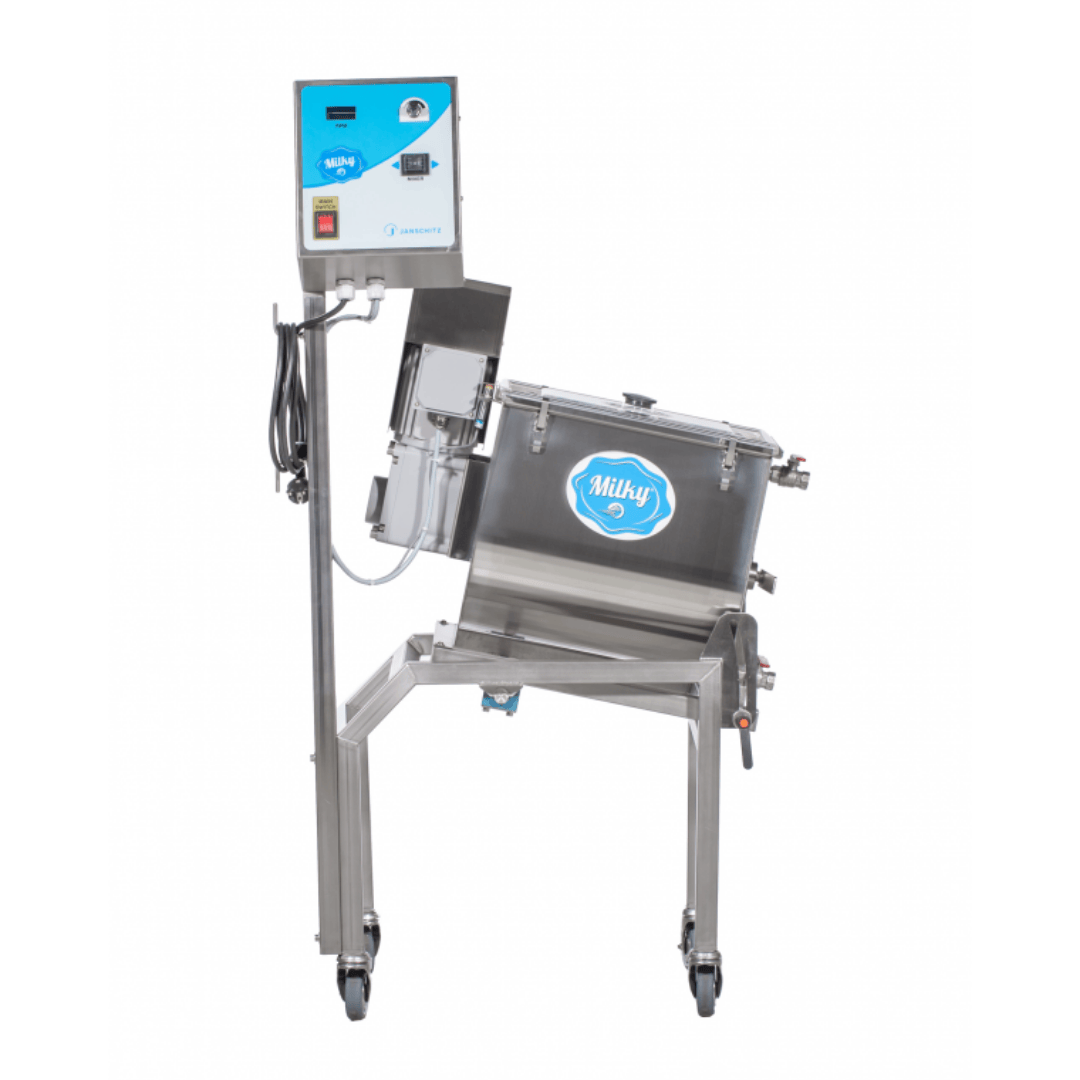 Milky Day Electric Butter Churn FJ32 with wheels and tilting mechanism - tilted