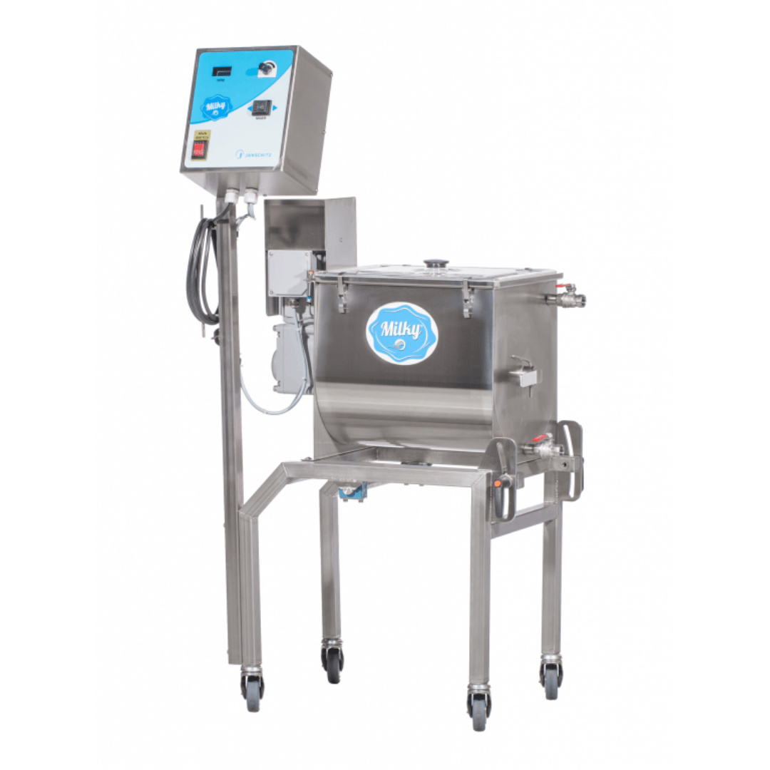 Milky Day Electric Butter Churn FJ32 with wheels and tilting mechanism angled view