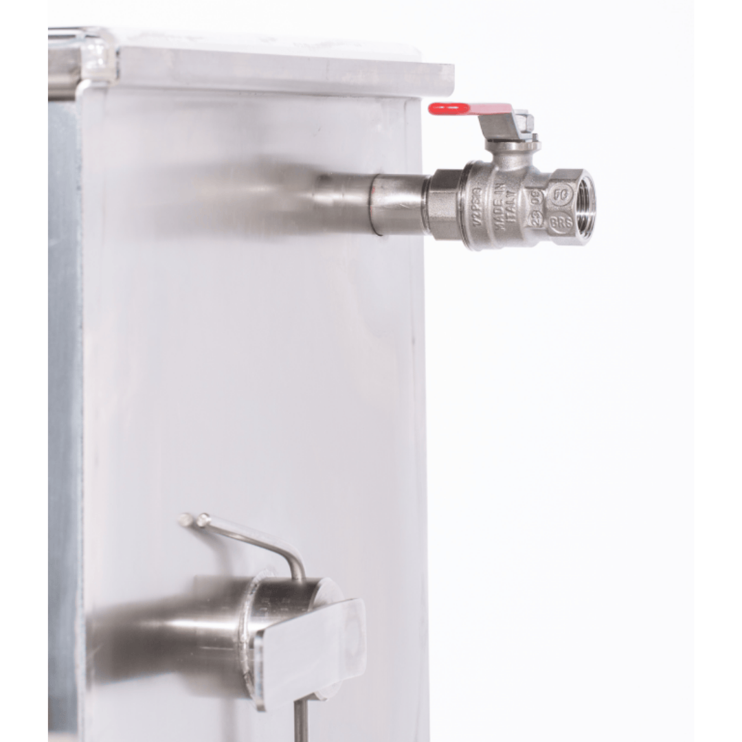 Milky Day Electric Butter Churn FJ32 with wheels and tilting mechanism drain valve closeup